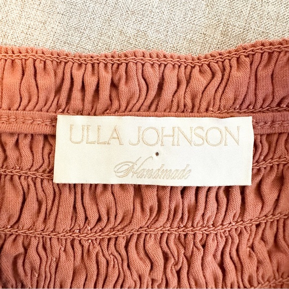 Ulla Johnson Amelia Smocked Puff Sleeve Ruffle Poplin Blouse in Clay Size 2 - Picture 4 of 7